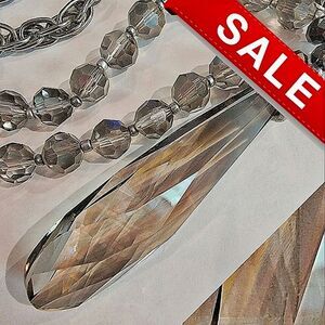 Huge 3" Smoky Faceted Crystal Drop Long Chain + Crystal Beaded Necklace #Estate
